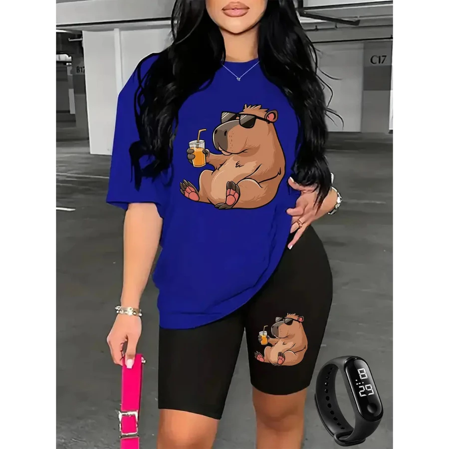 Conjunto Feminino Academia Capybara Camiseta + Bermuda Cós Alto + Relógio Digital Brinde