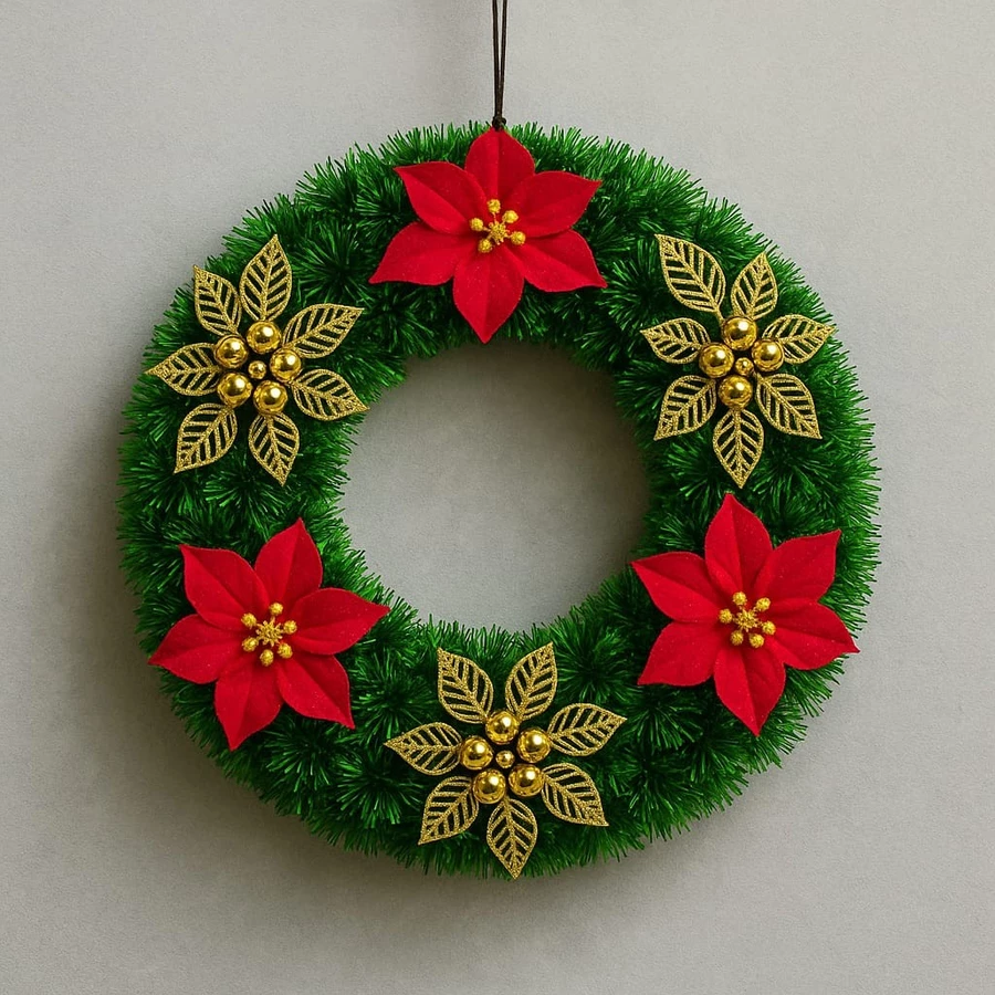 Guirlanda Natalina Decoração de Natal Estruturada 40CM com flores vermelhas