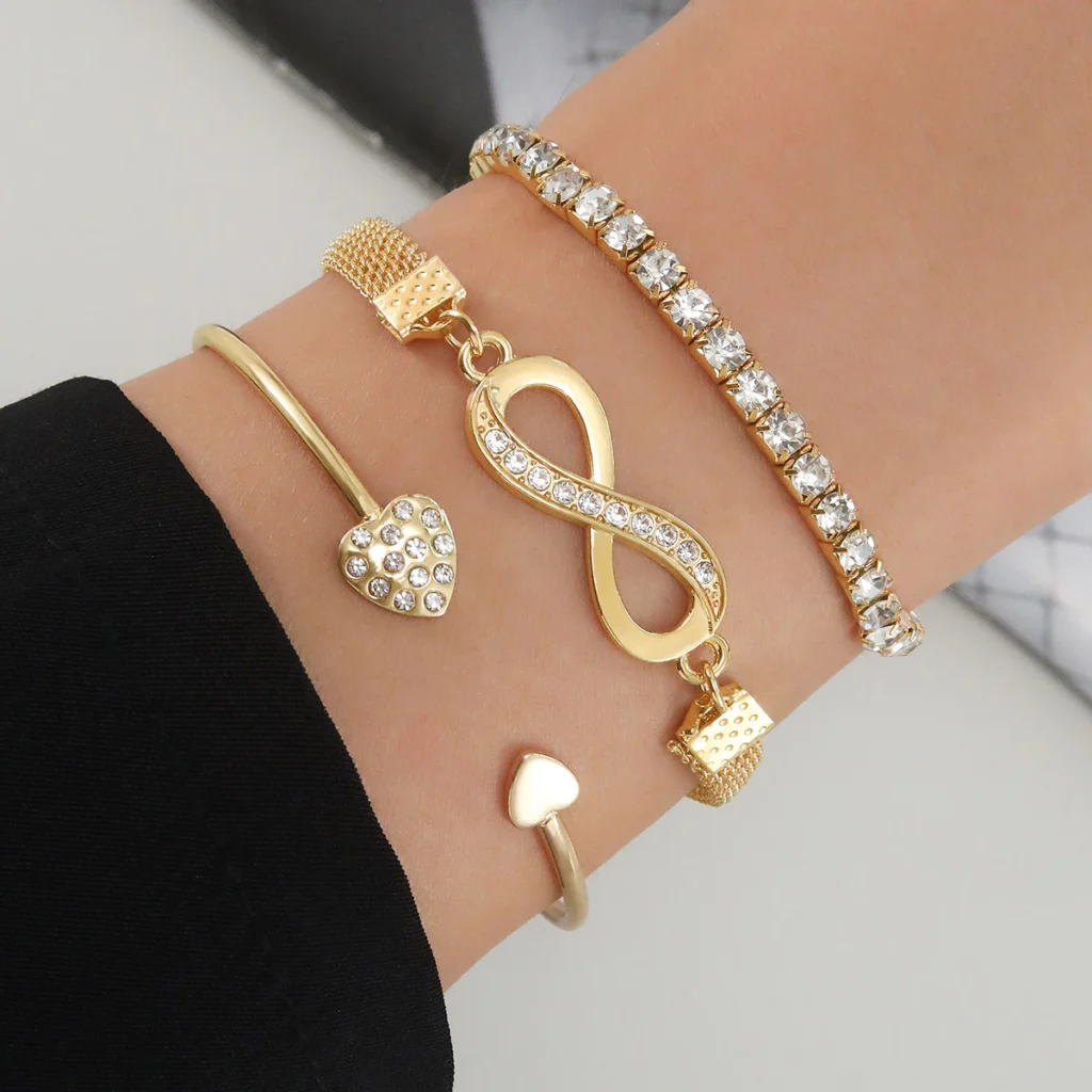 Kit 3 Pulseiras de Casal Coração Aberto – Corrente de Cobra com Nó do Amor